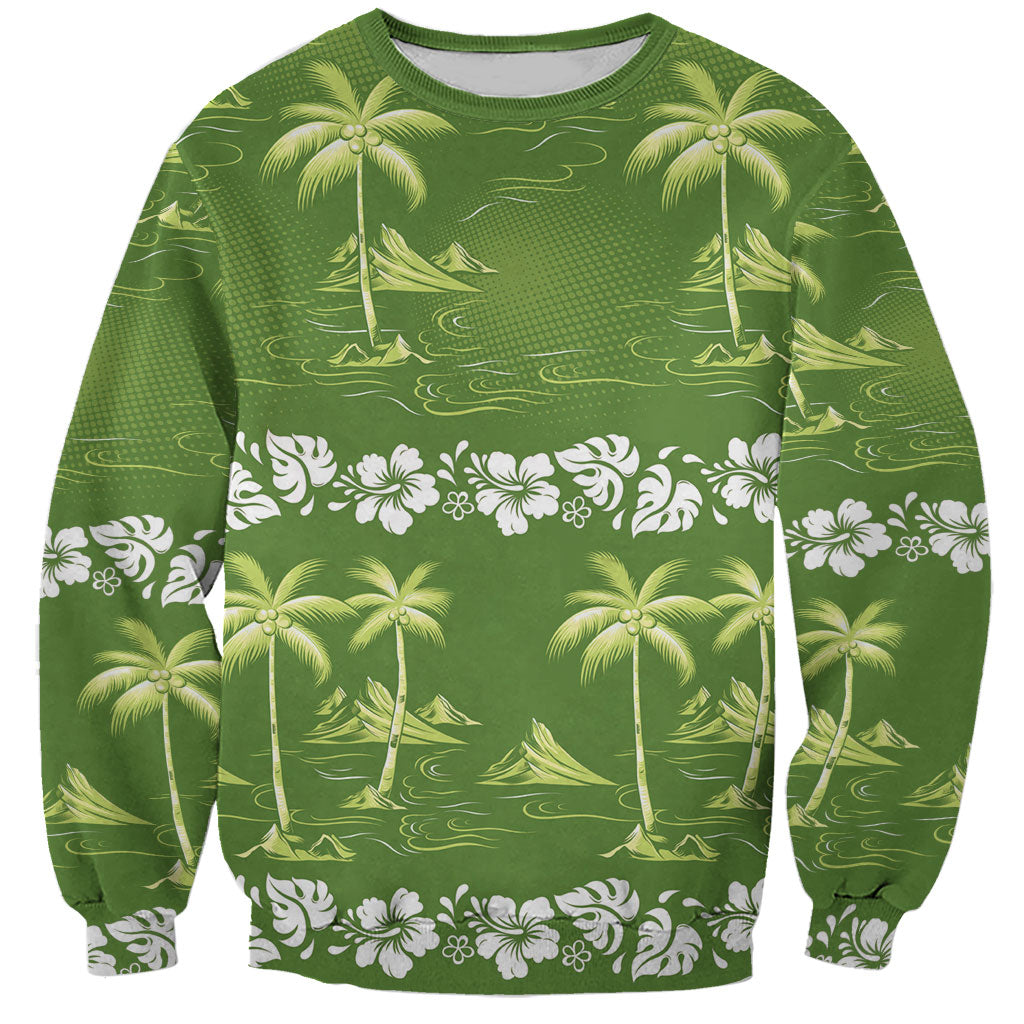 Olive Green Hawaii Palm Tree Hibiscus Sweatshirt Fantasy Summer Vibe