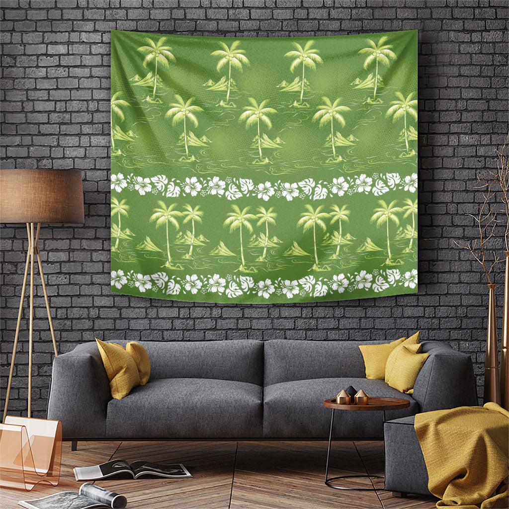 Olive Green Hawaii Palm Tree Hibiscus Tapestry Fantasy Summer Vibe