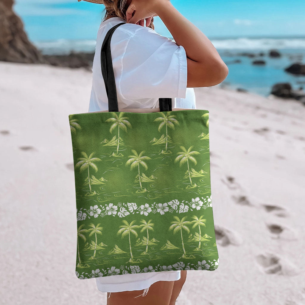 Olive Green Hawaii Palm Tree Hibiscus Tote Bag Fantasy Summer Vibe