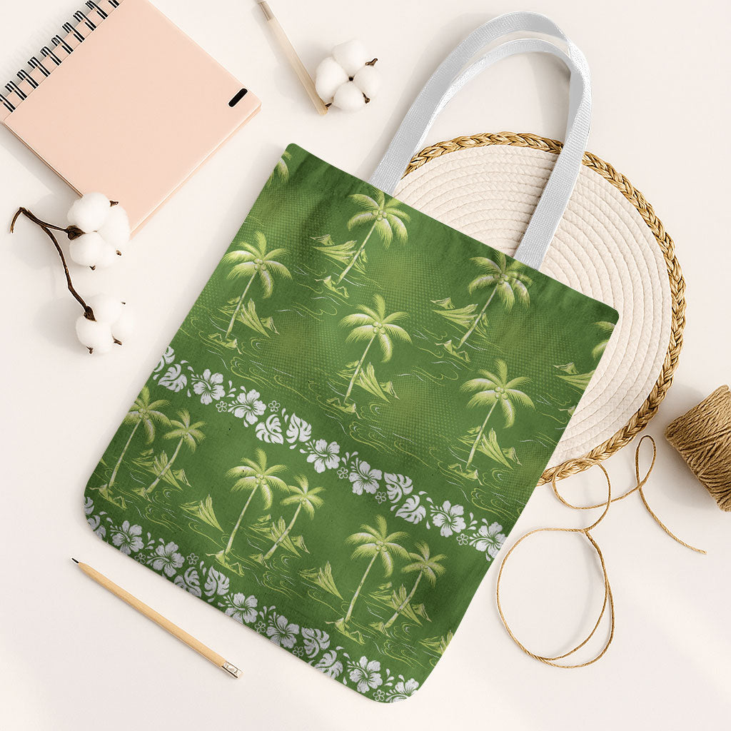 Olive Green Hawaii Palm Tree Hibiscus Tote Bag Fantasy Summer Vibe
