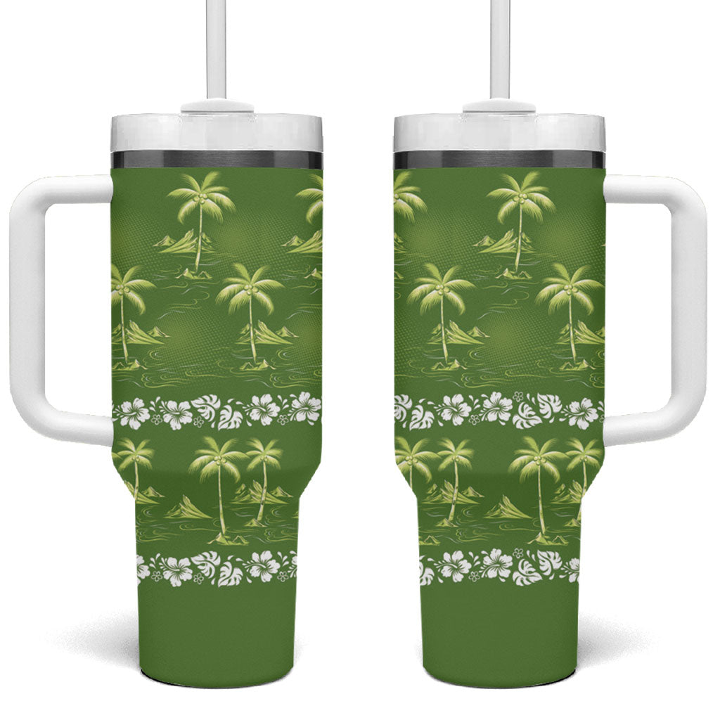 Olive Green Hawaii Palm Tree Hibiscus Tumbler With Handle Fantasy Summer Vibe