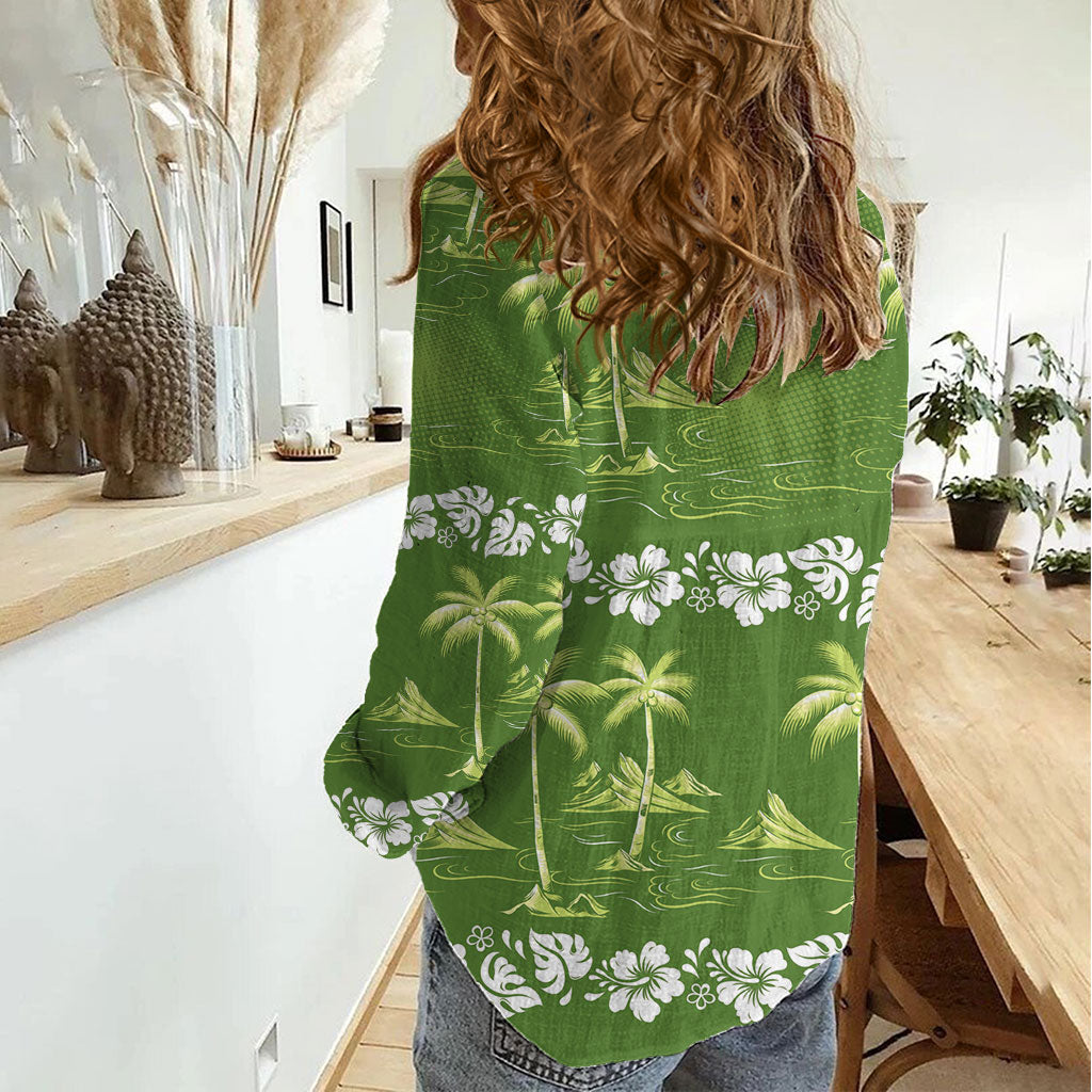 Olive Green Hawaii Palm Tree Hibiscus Women Casual Shirt Fantasy Summer Vibe