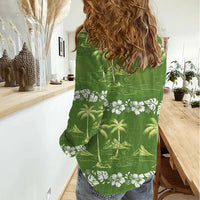 Olive Green Hawaii Palm Tree Hibiscus Women Casual Shirt Fantasy Summer Vibe