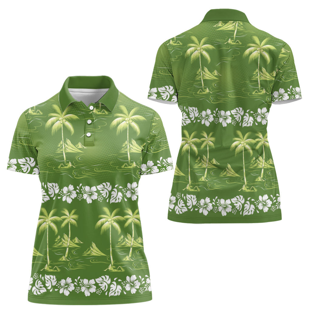 Olive Green Hawaii Palm Tree Hibiscus Women Polo Shirt Fantasy Summer Vibe LT01 - Polynesian Pride