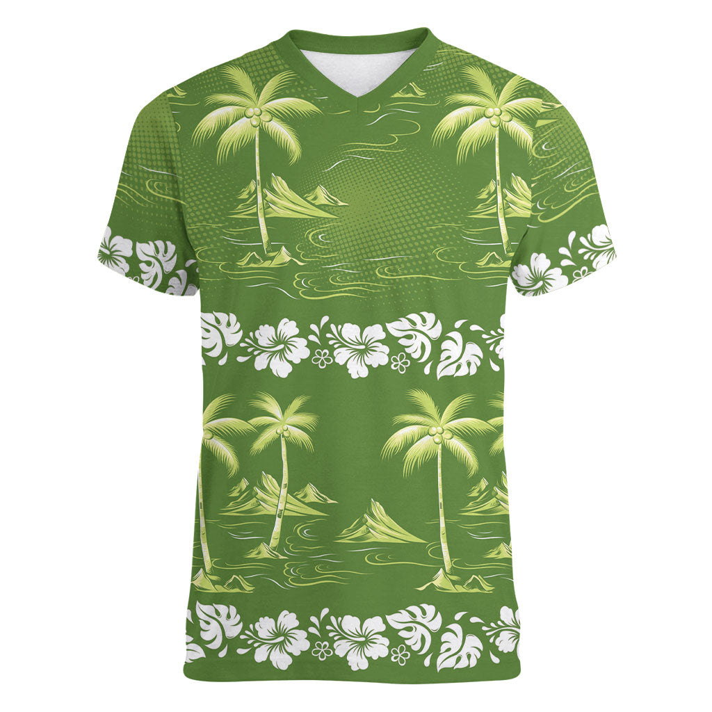 Olive Green Hawaii Palm Tree Hibiscus Women V-Neck T-Shirt Fantasy Summer Vibe