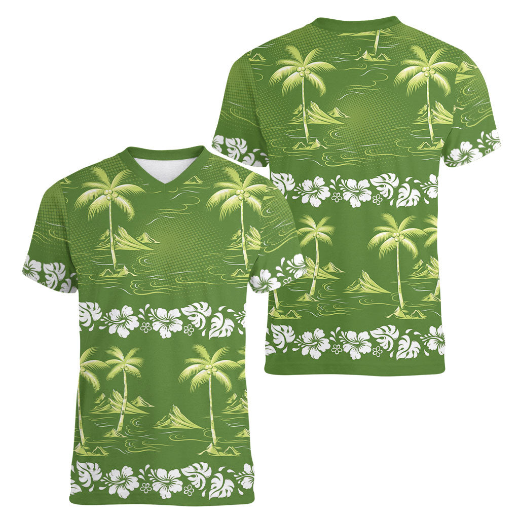 Olive Green Hawaii Palm Tree Hibiscus Women V-Neck T-Shirt Fantasy Summer Vibe LT01 - Polynesian Pride