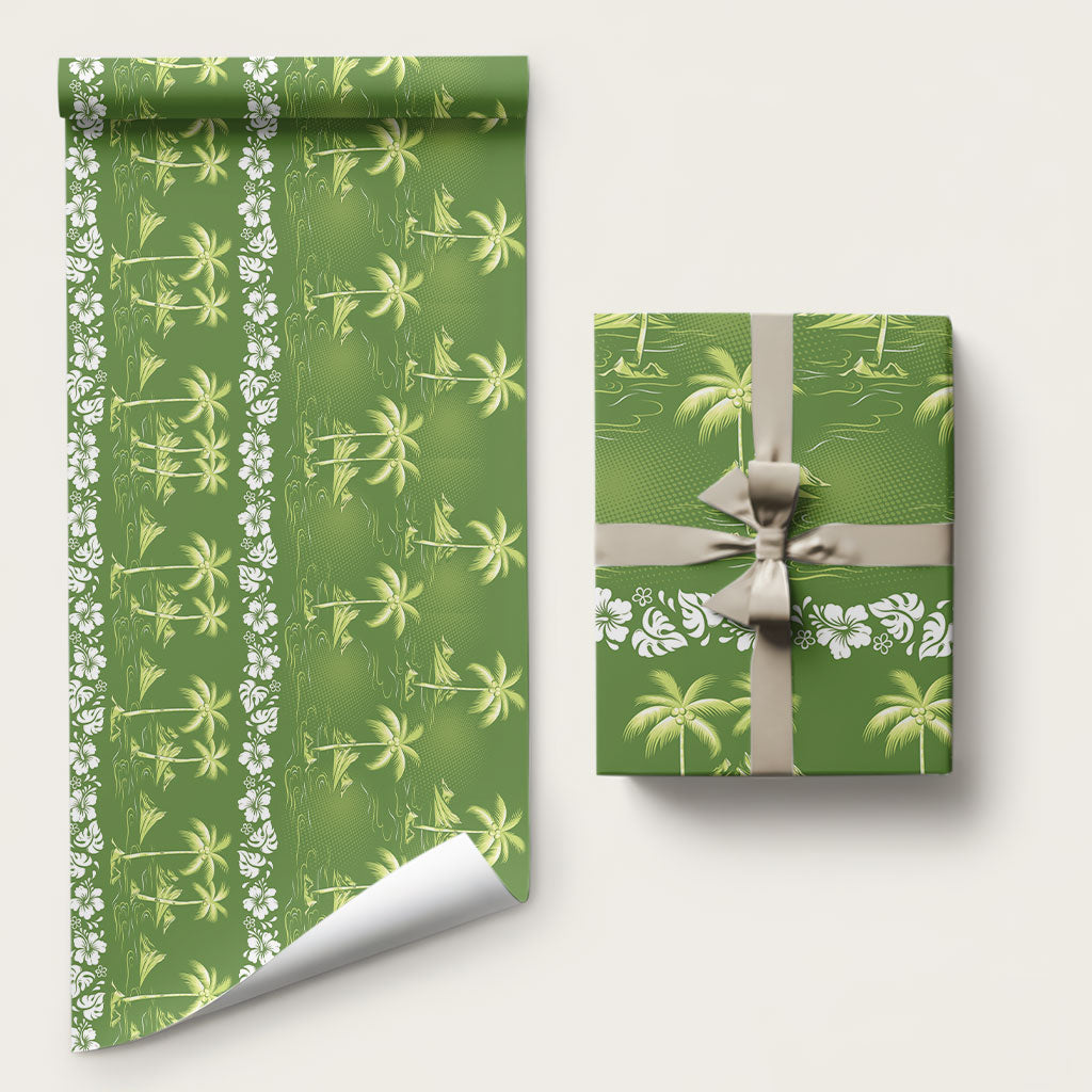 Olive Green Hawaii Palm Tree Hibiscus Wrapping Paper Fantasy Summer Vibe