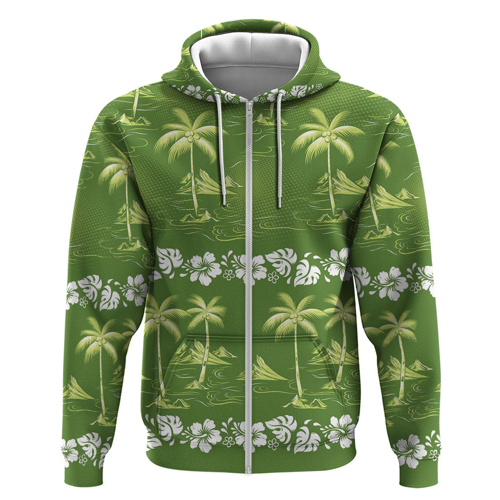 Olive Green Hawaii Palm Tree Hibiscus Zip Hoodie Fantasy Summer Vibe LT01 Zip Hoodie Olive - Polynesian Pride