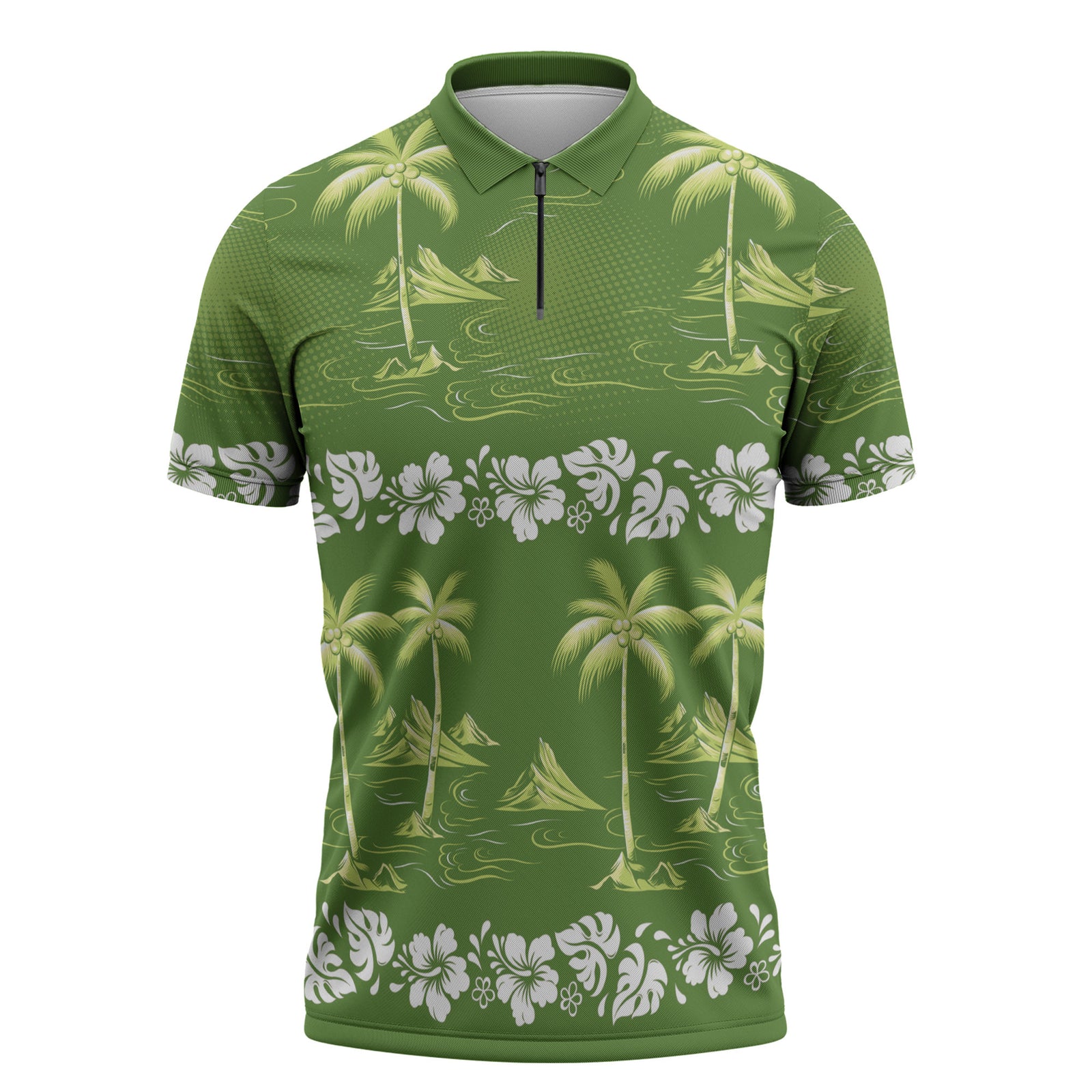 Olive Green Hawaii Palm Tree Hibiscus Zipper Polo Shirt Fantasy Summer Vibe