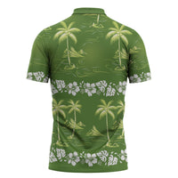 Olive Green Hawaii Palm Tree Hibiscus Zipper Polo Shirt Fantasy Summer Vibe
