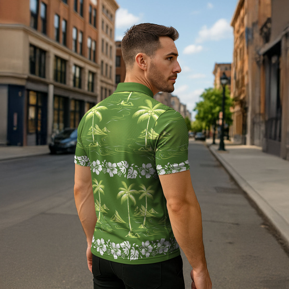 Olive Green Hawaii Palm Tree Hibiscus Zipper Polo Shirt Fantasy Summer Vibe