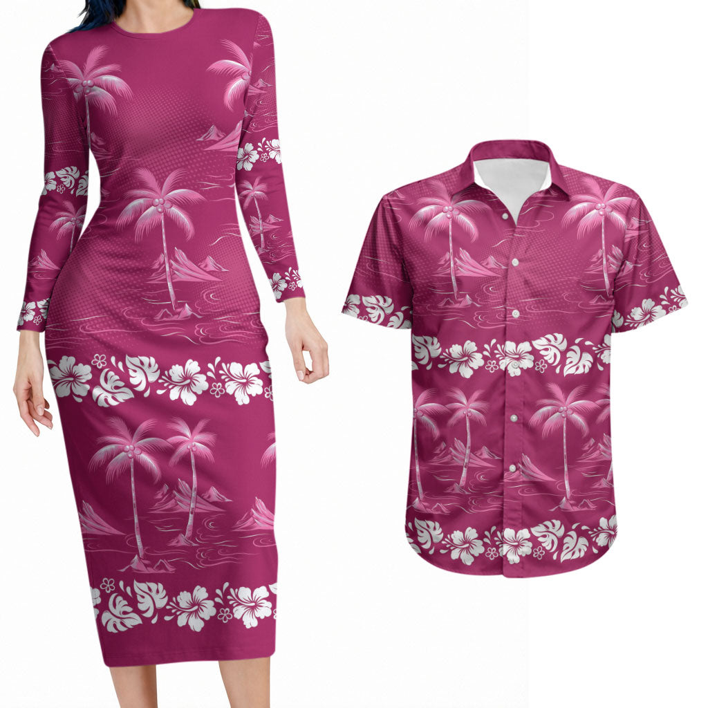 Pink Hawaii Palm Tree Hibiscus Couples Matching Long Sleeve Bodycon Dress and Hawaiian Shirt Fantasy Summer Vibe