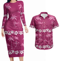 Pink Hawaii Palm Tree Hibiscus Couples Matching Long Sleeve Bodycon Dress and Hawaiian Shirt Fantasy Summer Vibe LT01 Pink - Polynesian Pride