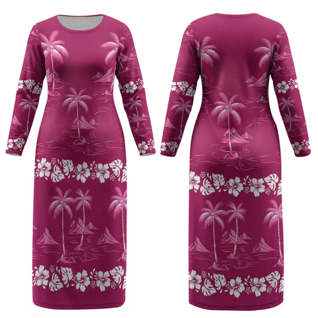 Pink Hawaii Palm Tree Hibiscus Couples Matching Long Sleeve Bodycon Dress and Long Sleeve Button Shirt Fantasy Summer Vibe LT01 - Polynesian Pride