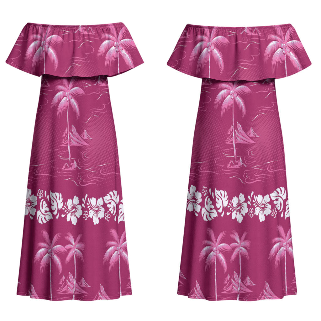 Pink Hawaii Palm Tree Hibiscus Couples Matching Off Shoulder Maxi Dress and Long Sleeve Button Shirt Fantasy Summer Vibe LT01 - Polynesian Pride