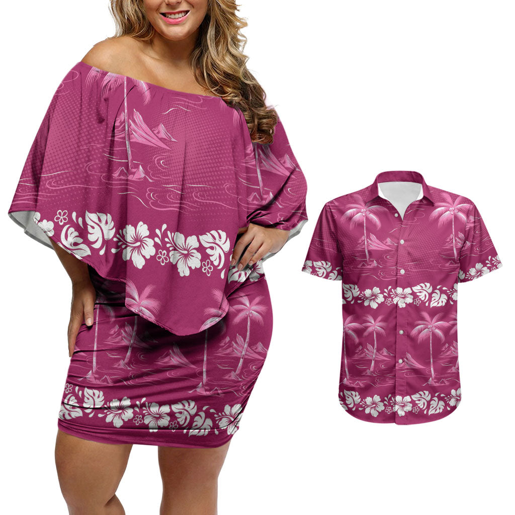 Pink Hawaii Palm Tree Hibiscus Couples Matching Off Shoulder Short Dress and Hawaiian Shirt Fantasy Summer Vibe LT01 Pink - Polynesian Pride