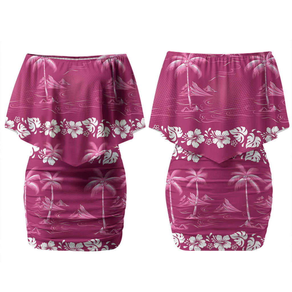 Pink Hawaii Palm Tree Hibiscus Couples Matching Off Shoulder Short Dress and Hawaiian Shirt Fantasy Summer Vibe LT01 - Polynesian Pride