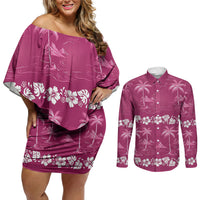 Pink Hawaii Palm Tree Hibiscus Couples Matching Off Shoulder Short Dress and Long Sleeve Button Shirt Fantasy Summer Vibe