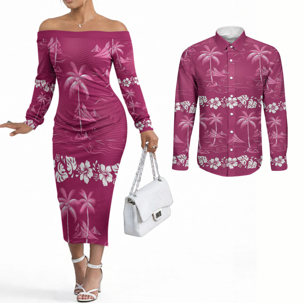 Pink Hawaii Palm Tree Hibiscus Couples Matching Off The Shoulder Long Sleeve Dress and Long Sleeve Button Shirt Fantasy Summer Vibe LT01 Pink - Polynesian Pride