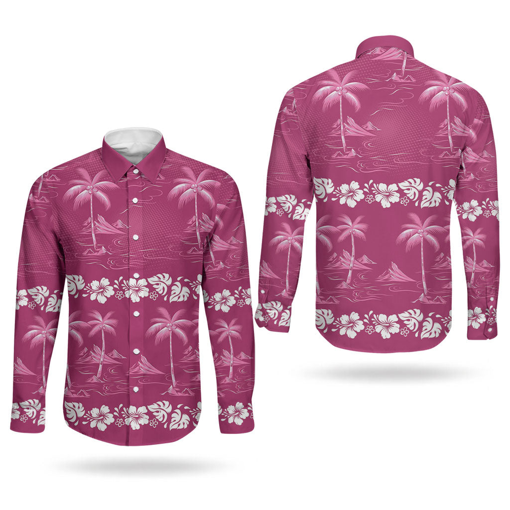 Pink Hawaii Palm Tree Hibiscus Couples Matching Off The Shoulder Long Sleeve Dress and Long Sleeve Button Shirt Fantasy Summer Vibe LT01 - Polynesian Pride