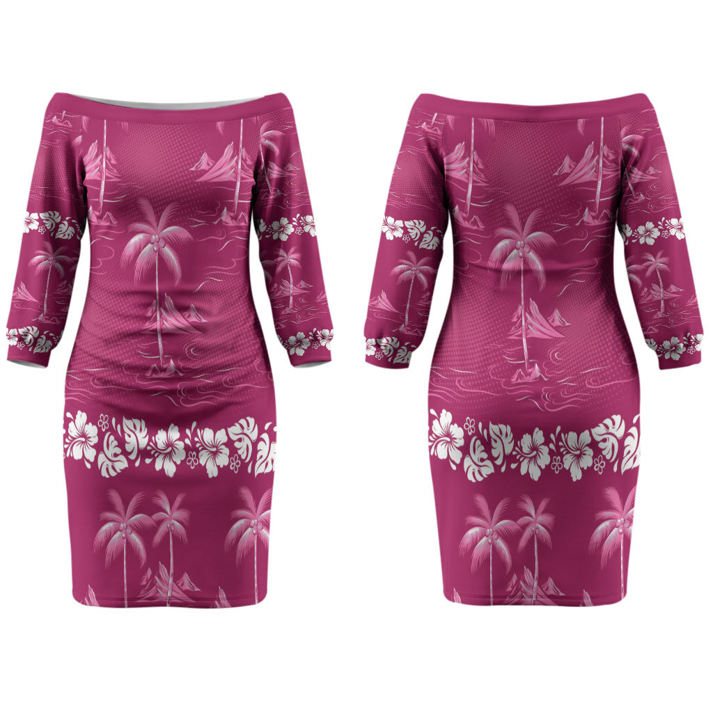 Pink Hawaii Palm Tree Hibiscus Couples Matching Off The Shoulder Long Sleeve Dress and Long Sleeve Button Shirt Fantasy Summer Vibe LT01 - Polynesian Pride