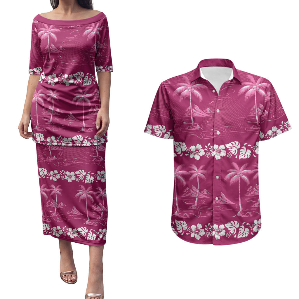 Pink Hawaii Palm Tree Hibiscus Couples Matching Puletasi and Hawaiian Shirt Fantasy Summer Vibe
