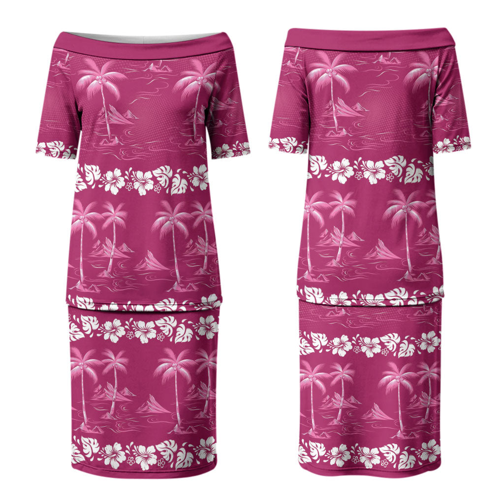 Pink Hawaii Palm Tree Hibiscus Couples Matching Puletasi and Long Sleeve Button Shirt Fantasy Summer Vibe LT01 - Polynesian Pride