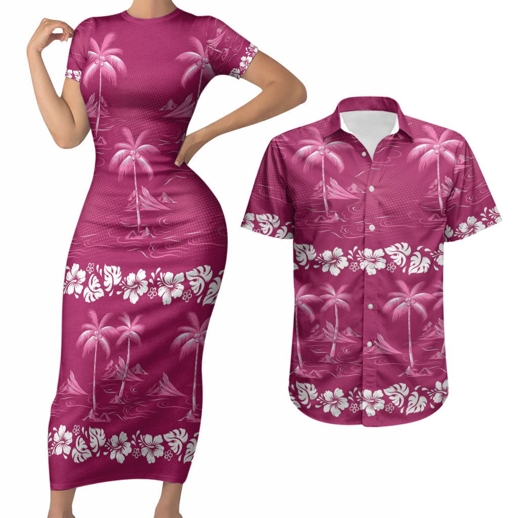 Pink Hawaii Palm Tree Hibiscus Couples Matching Short Sleeve Bodycon Dress and Hawaiian Shirt Fantasy Summer Vibe