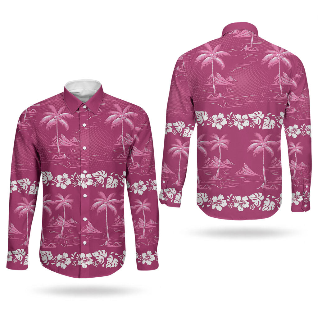 Pink Hawaii Palm Tree Hibiscus Couples Matching Short Sleeve Bodycon Dress and Long Sleeve Button Shirt Fantasy Summer Vibe LT01 - Polynesian Pride