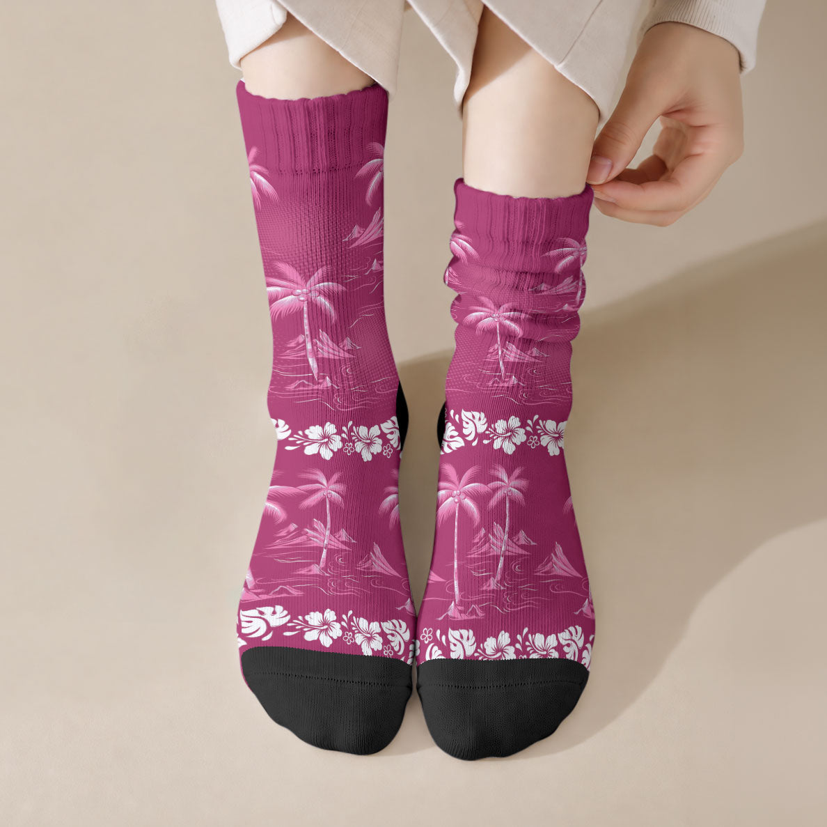 Pink Hawaii Palm Tree Hibiscus Crew Socks Fantasy Summer Vibe