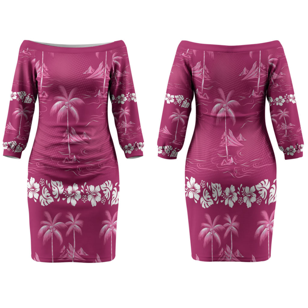 Pink Hawaii Palm Tree Hibiscus Family Matching Off The Shoulder Long Sleeve Dress and Hawaiian Shirt Fantasy Summer Vibe LT01 Mom's Dress Pink - Polynesian Pride
