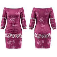 Pink Hawaii Palm Tree Hibiscus Family Matching Off The Shoulder Long Sleeve Dress and Hawaiian Shirt Fantasy Summer Vibe LT01 Mom's Dress Pink - Polynesian Pride