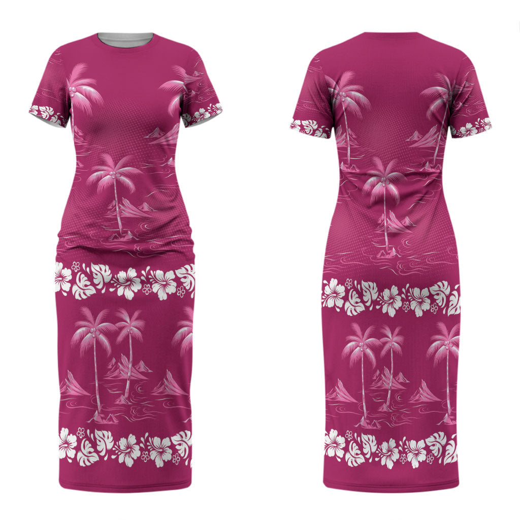 Pink Hawaii Palm Tree Hibiscus Family Matching Short Sleeve Bodycon Dress and Hawaiian Shirt Fantasy Summer Vibe LT01 Mom's Dress Pink - Polynesian Pride