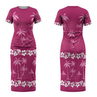 Pink Hawaii Palm Tree Hibiscus Family Matching Short Sleeve Bodycon Dress and Hawaiian Shirt Fantasy Summer Vibe LT01 Mom's Dress Pink - Polynesian Pride