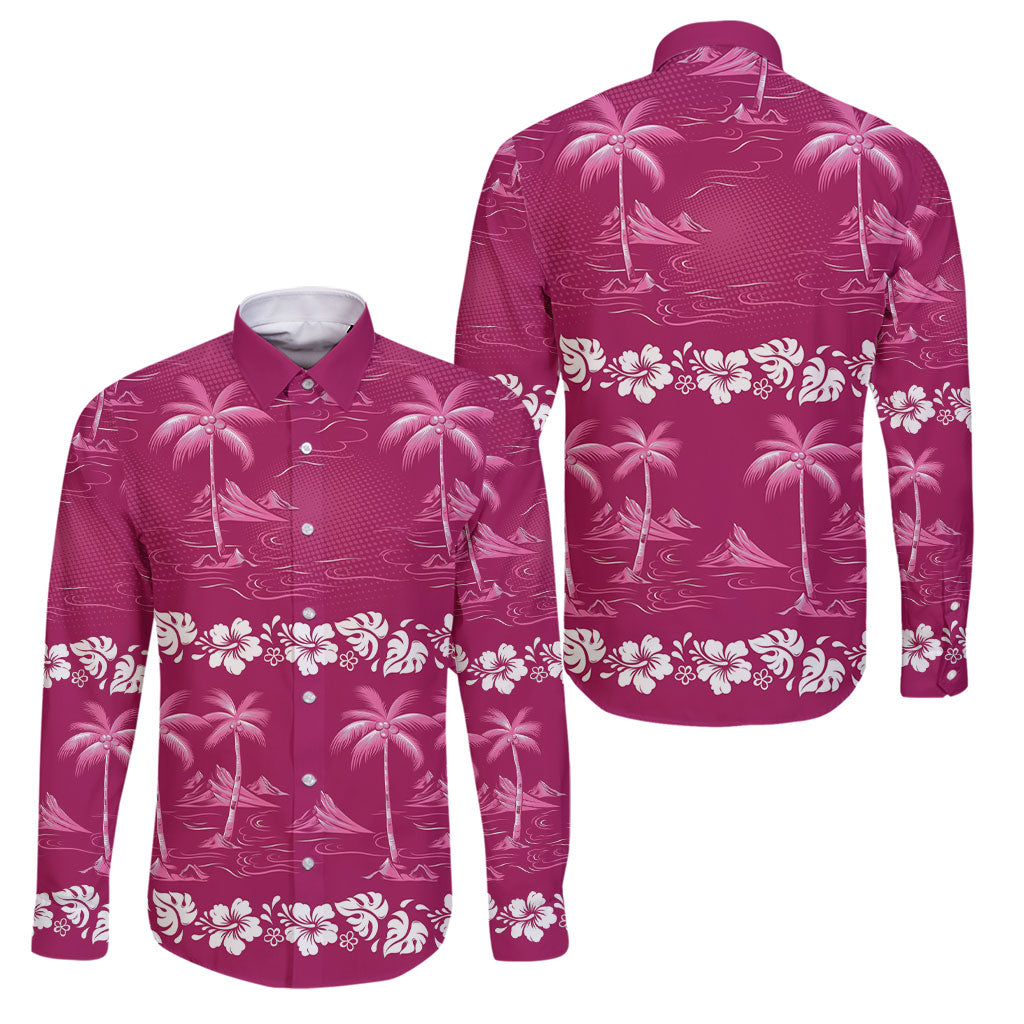 Pink Hawaii Palm Tree Hibiscus Family Matching Short Sleeve Bodycon Dress and Hawaiian Shirt Fantasy Summer Vibe LT01 Dad's Shirt - Long Sleeve Pink - Polynesian Pride