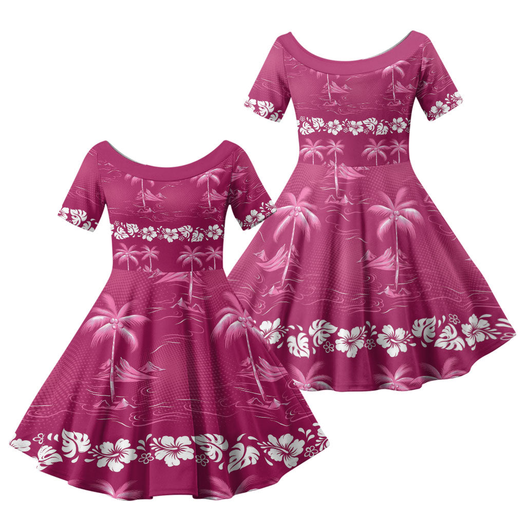 Pink Hawaii Palm Tree Hibiscus Family Matching Short Sleeve Bodycon Dress and Hawaiian Shirt Fantasy Summer Vibe LT01 Daughter's Dress Pink - Polynesian Pride