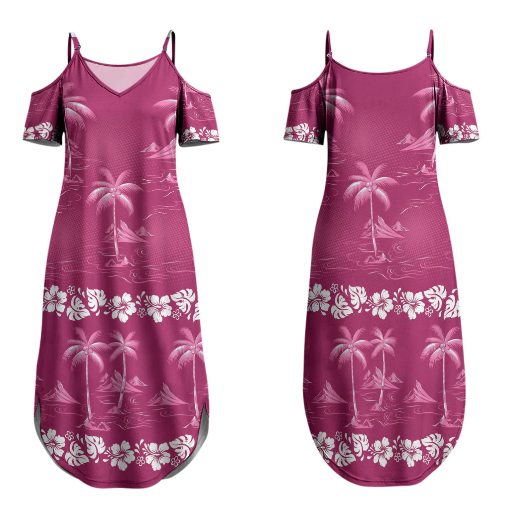 Pink Hawaii Palm Tree Hibiscus Family Matching Summer Maxi Dress and Hawaiian Shirt Fantasy Summer Vibe LT01 Mom's Dress Pink - Polynesian Pride