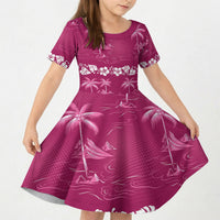 Pink Hawaii Palm Tree Hibiscus Kid Short Sleeve Dress Fantasy Summer Vibe LT01 KID Pink - Polynesian Pride