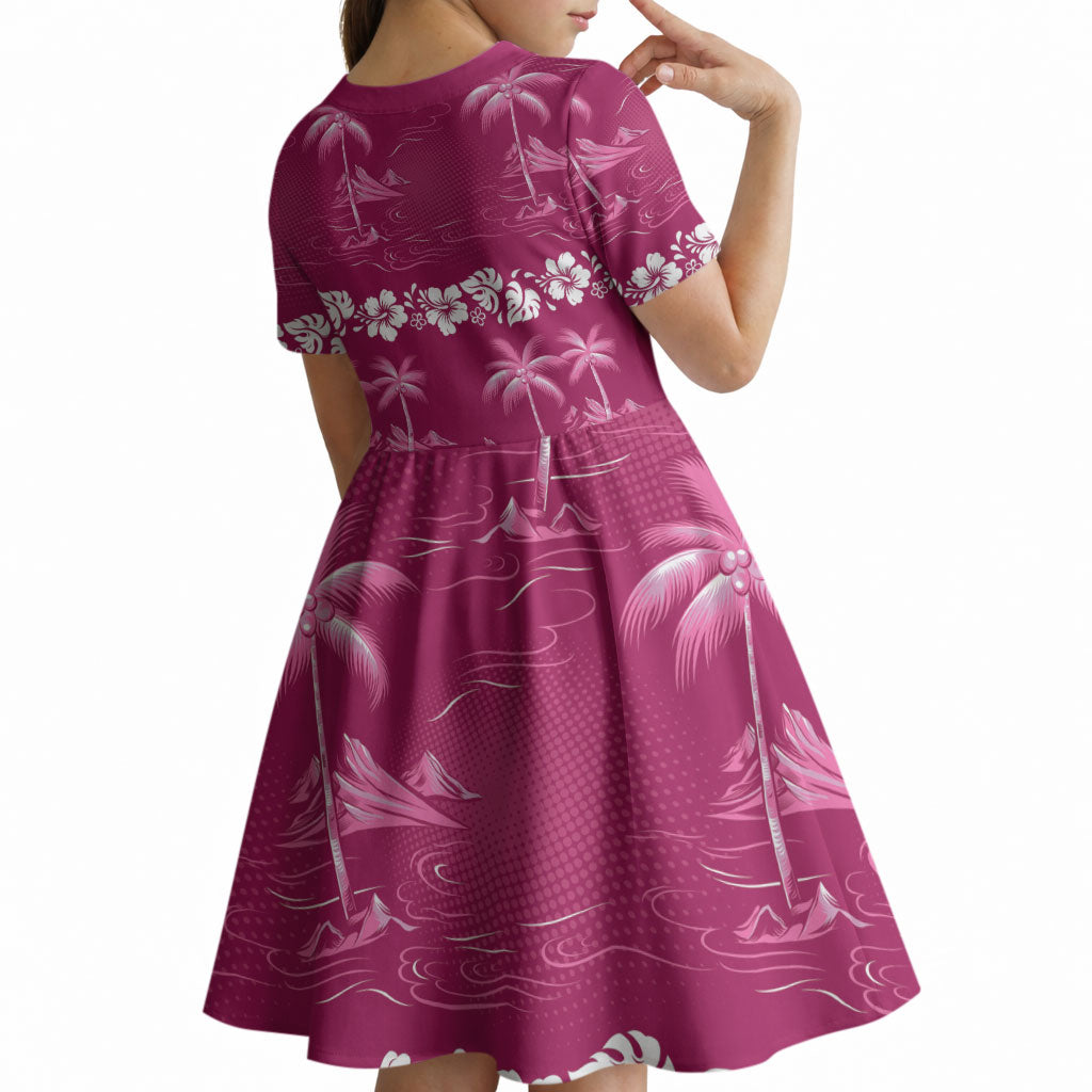 Pink Hawaii Palm Tree Hibiscus Kid Short Sleeve Dress Fantasy Summer Vibe LT01 - Polynesian Pride