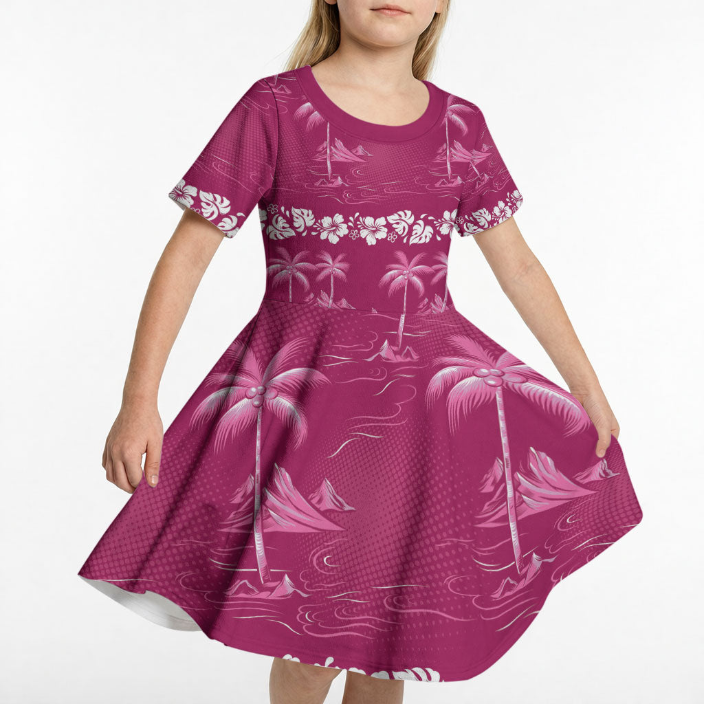 Pink Hawaii Palm Tree Hibiscus Kid Short Sleeve Dress Fantasy Summer Vibe LT01 - Polynesian Pride