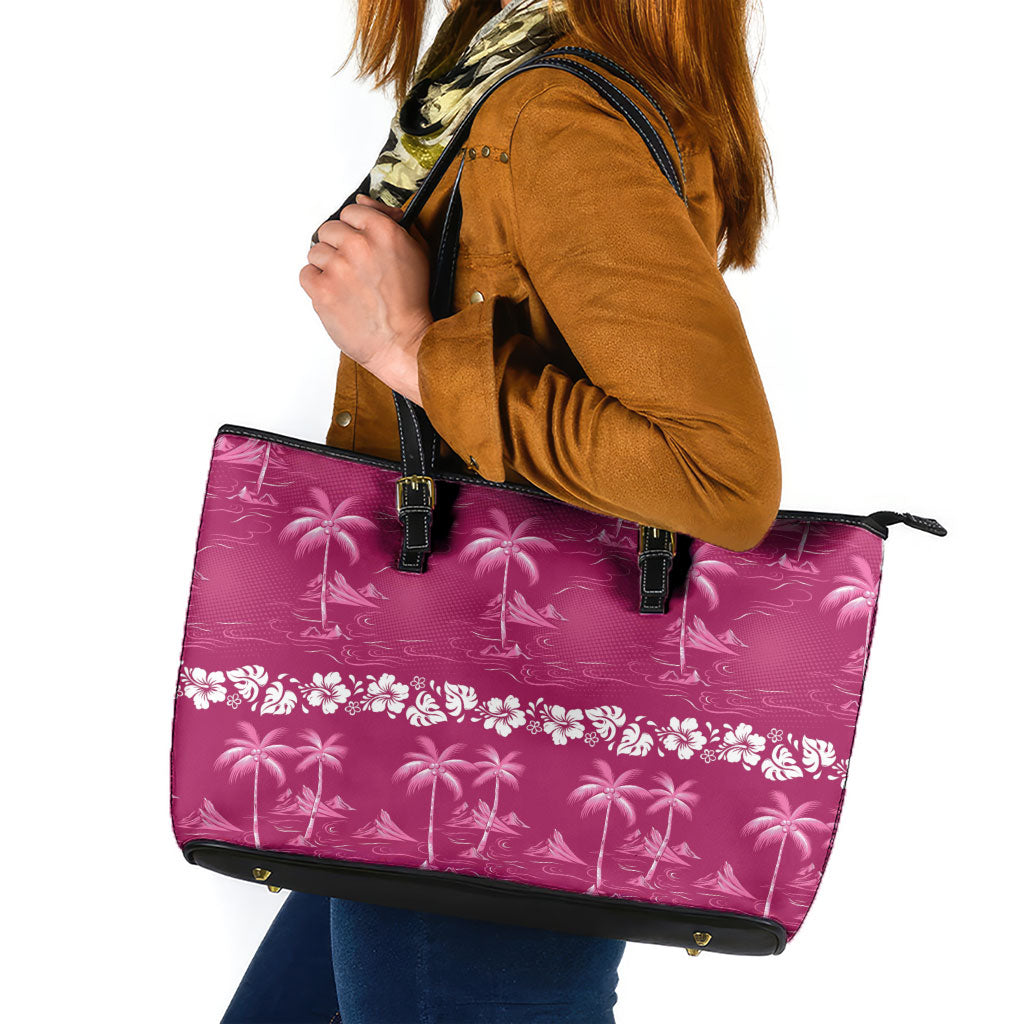 Pink Hawaii Palm Tree Hibiscus Leather Tote Bag Fantasy Summer Vibe