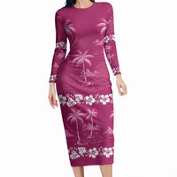 Pink Hawaii Palm Tree Hibiscus Long Sleeve Bodycon Dress Fantasy Summer Vibe