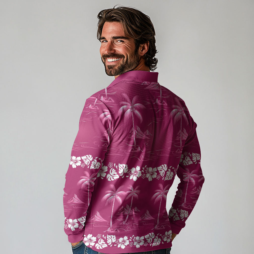 Pink Hawaii Palm Tree Hibiscus Long Sleeve Polo Shirt Fantasy Summer Vibe LT01 - Polynesian Pride
