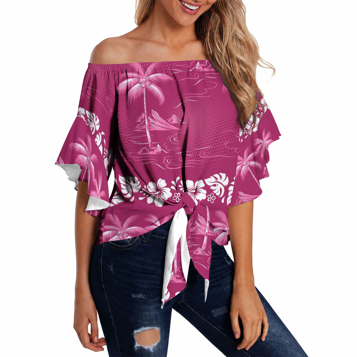 Pink Hawaii Palm Tree Hibiscus Off Shoulder Wrap Waist Top Fantasy Summer Vibe