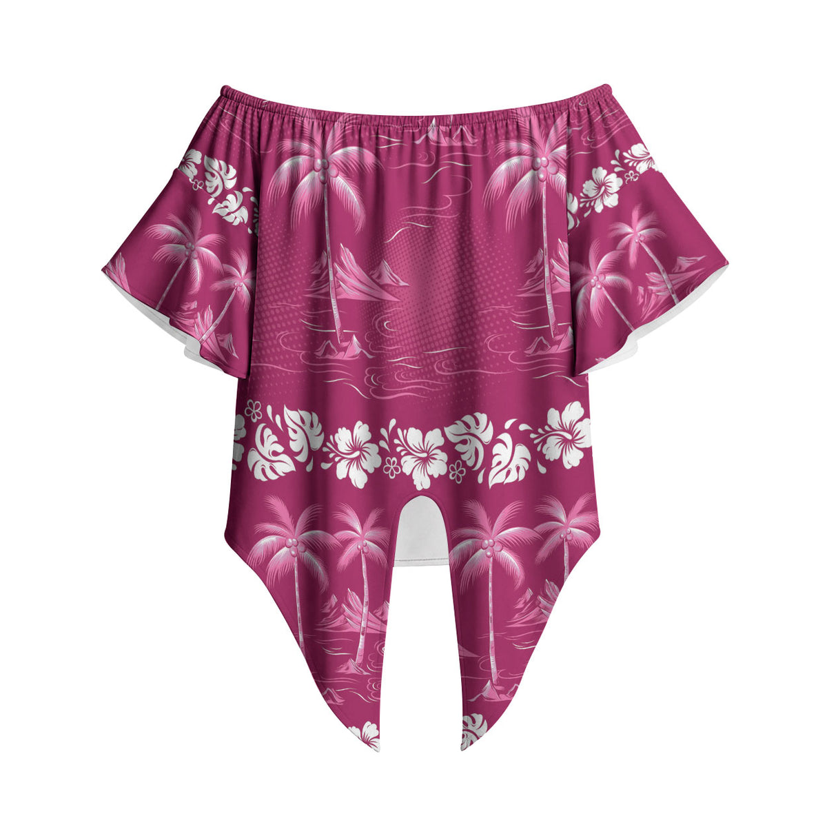 Pink Hawaii Palm Tree Hibiscus Off Shoulder Wrap Waist Top Fantasy Summer Vibe