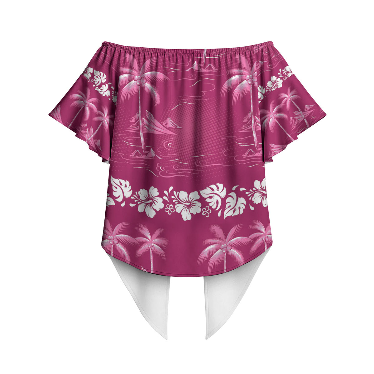 Pink Hawaii Palm Tree Hibiscus Off Shoulder Wrap Waist Top Fantasy Summer Vibe
