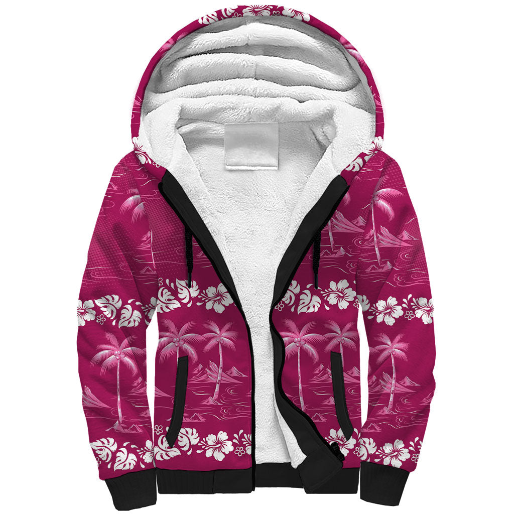 Pink Hawaii Palm Tree Hibiscus Sherpa Hoodie Fantasy Summer Vibe