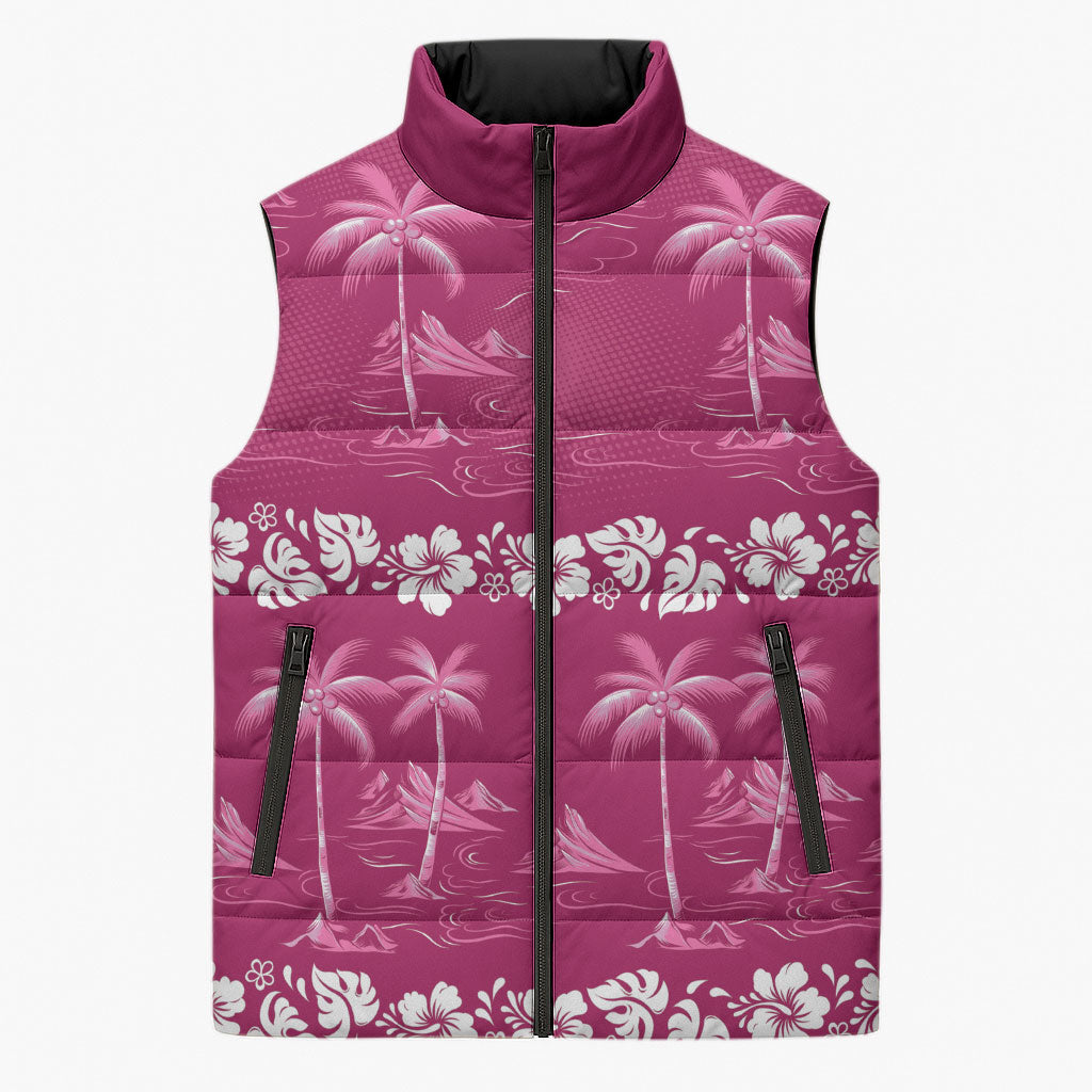Pink Hawaii Palm Tree Hibiscus Sleeveless Puffer Jacket Fantasy Summer Vibe