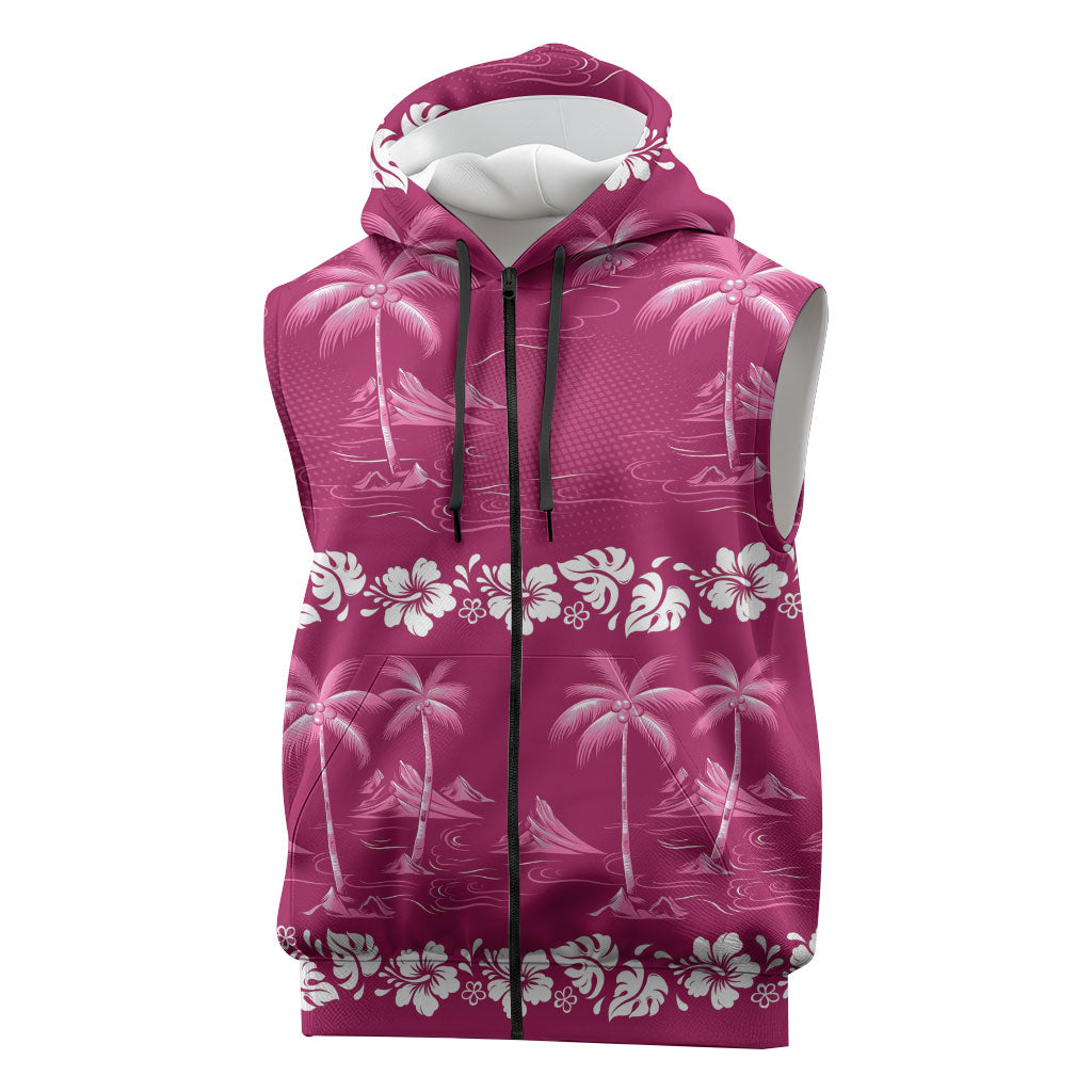 Pink Hawaii Palm Tree Hibiscus Sleeveless Zip Hoodie Fantasy Summer Vibe LT01 Pink - Polynesian Pride