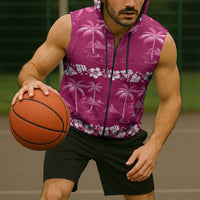 Pink Hawaii Palm Tree Hibiscus Sleeveless Zip Hoodie Fantasy Summer Vibe LT01 - Polynesian Pride